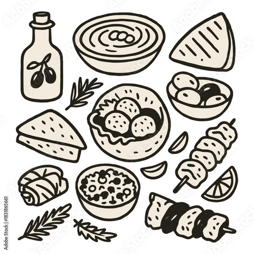 Hand-Drawn lebanese foods sketch icon logo flat vector design
