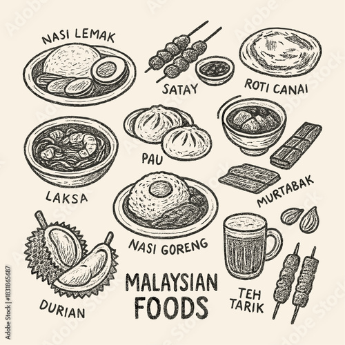Hand-Drawn malaysian food sketch icon logo flat vector design