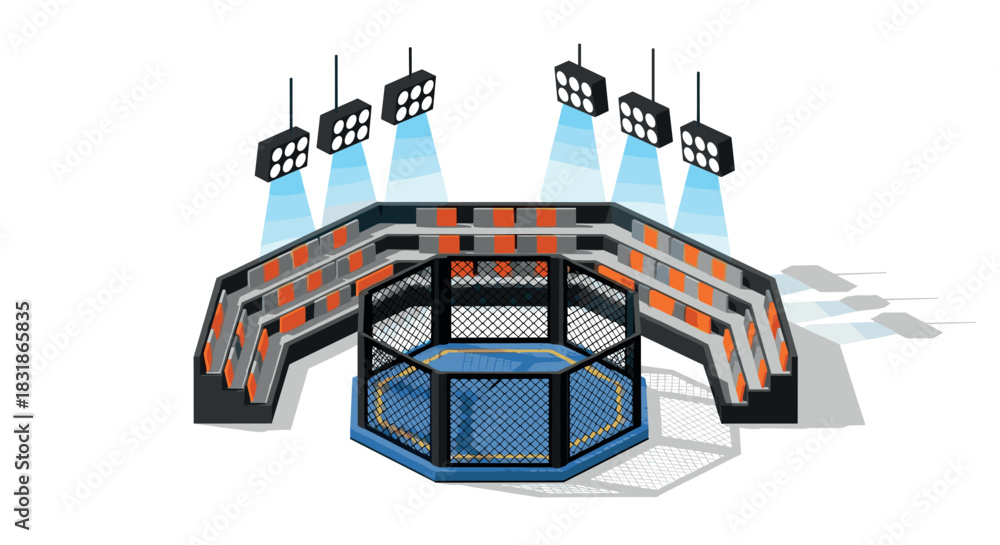 Fototapeta premium Modern isometric mma cage arena with overhead lighting and spectator stands