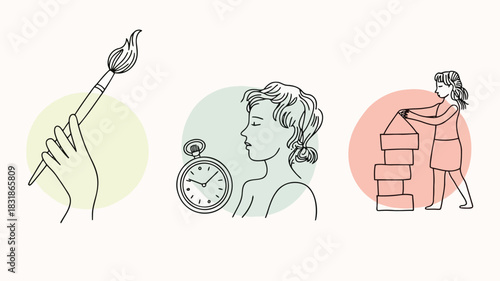 Abstract line art depicting a hand holding a paintbrush a woman s profile next to a pocket watch and a person building with blocks
