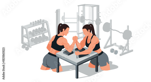 Women arm wrestling in gym setting: strength and fitness competition