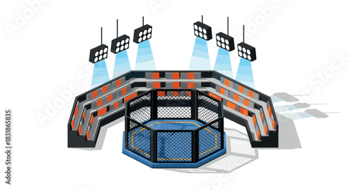 Modern isometric mma cage arena with overhead lighting and spectator stands