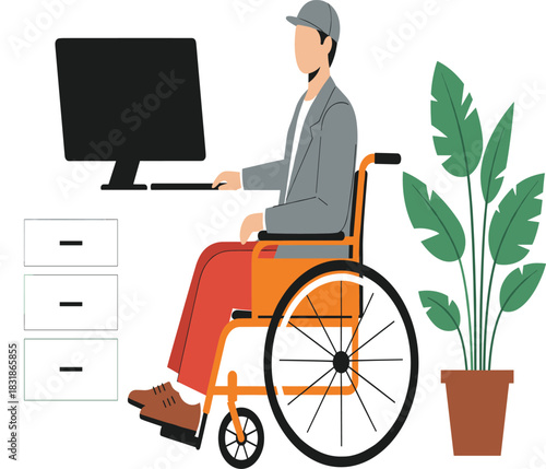 PrintVector illustration of a disabled man in a wheelchair working remotely at a desk with a computer and a plant, representing workplace inclusion, accessibility, and disability employment concepts.