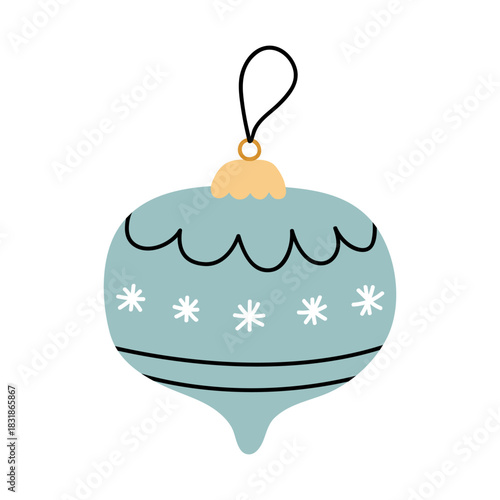 Cute blue bauble with snowflake motifs. Festive decorative holiday element isolated on a white background. Vector hand-drawn flat illustration. Perfect for Christmas and season designs, cards.