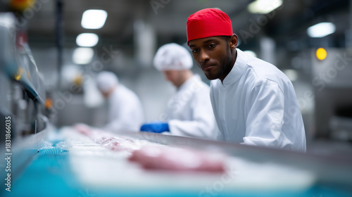A hyper-realistic industrial meat processing facility interior, captured in bright, clean, evenly distributed fluorescent lighting. The scene shows a large, modern production hall