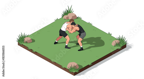 Isometric wrestlers on grass field engaged in competitive match