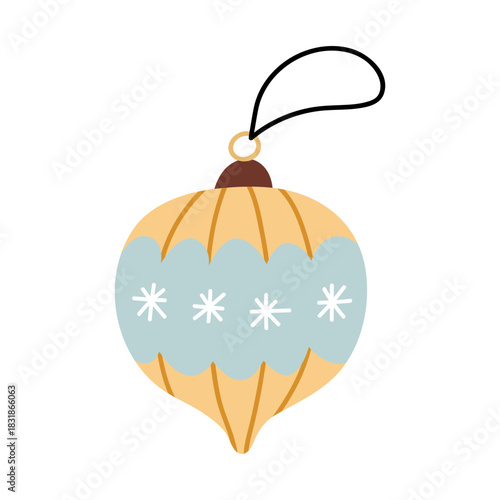 Cute vintage-style Christmas ornament in soft yellow and blue tones with simple snowflake motifs. Festive decorative bauble isolated on a white background. Perfect for holiday and season designs.