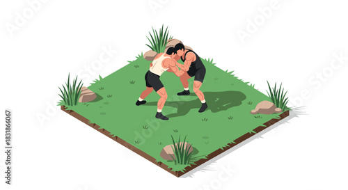 Isometric wrestling match on grass platform - athletic competition scene in minimalist style