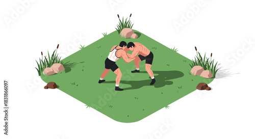 Wrestling match on grass field in isometric style