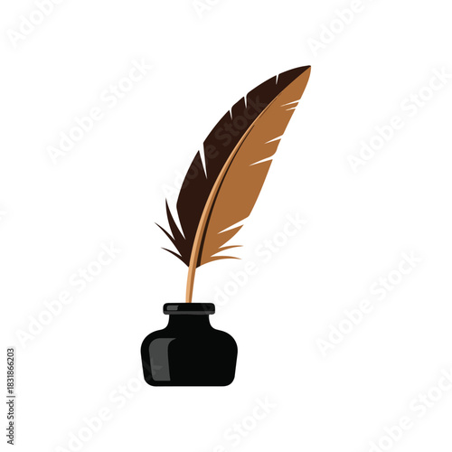 Elegant Quill Pen with Inkwell on White Background