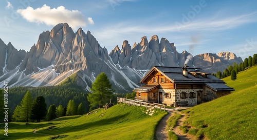 Wallpaper Mural Charming Mountain Hut in the Dolomites with Majestic Peaks and Lush Green Hills. Torontodigital.ca