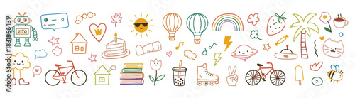 Cute doodle outlined design elements set. Funny creative art animals, boba, skateshoe, robot, flower, rainbow, abstract shapes in kids scribble style. Trendy naive drawings. Childish hand-drawn vector