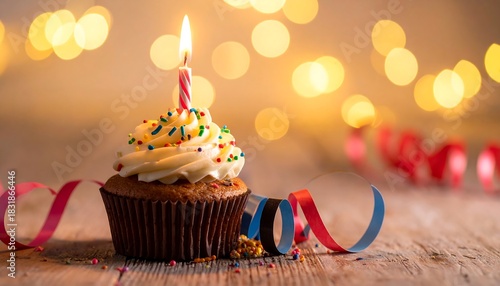 A cupcake with white frosting, colorful sprinkles, and a lit candle sits against a bokeh background on wooden planks