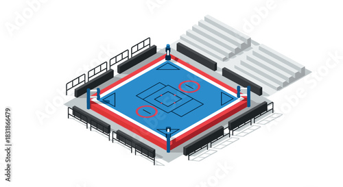 Isometric boxing arena with audience seating and blue ring