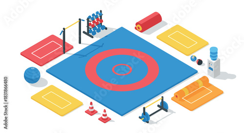 Isometric gymnastics setup with equipment and colorful mats on white background