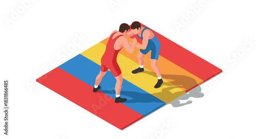 Isometric wrestling match on colorful mat in sports arena