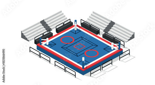 Isometric wrestling ring in modern arena with empty seating and blue red design