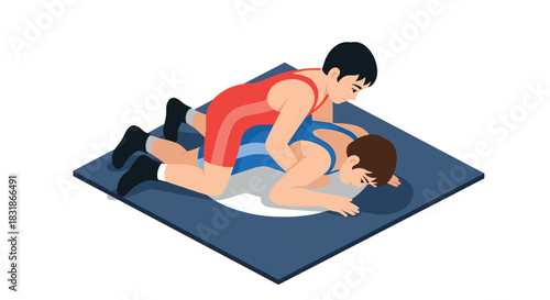 Isometric young wrestlers competing on mat in dynamic sports match