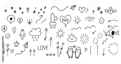 Hand drawn cute hand drawn doodle vector set, love, Natural , firework, cloud, weather, rainbow, snow, heart and creative design vector collection