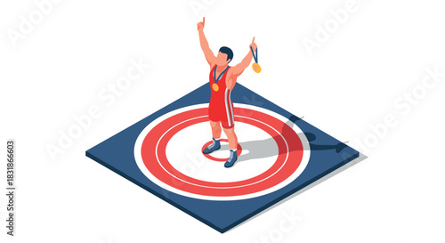 Wrestler celebrating victory with gold medal on target platform in isometric style