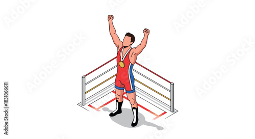 Champion wrestler celebrating victory in a boxing ring with arms raised