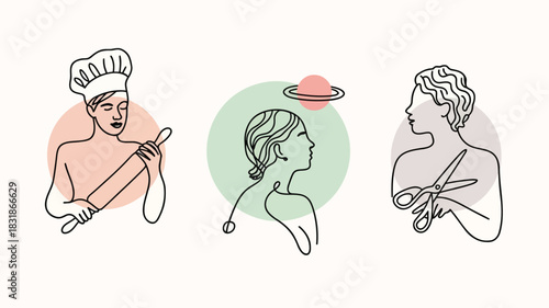 Abstract line art of three women with different professions and colorful circles in the background