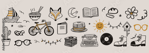 Whimsical hand drawn retro doodles collection– Bicycle, Books, Food and Decorative vector icons