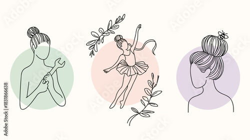 Diverse women s strengths depicted through line art mechanic ballerina and stylized portrait