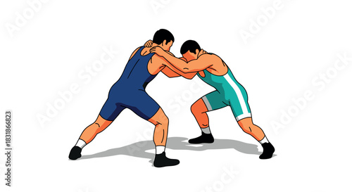 Dynamic wrestling match between two competitors in athletic gear