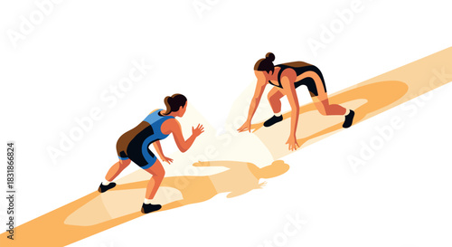 Dynamic wrestling match: two athletes in action with shadows