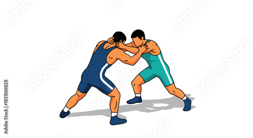 Dynamic wrestling match illustration: two athletes grappling in action pose