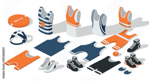 Isometric sports apparel and accessories in orange and blue on white background