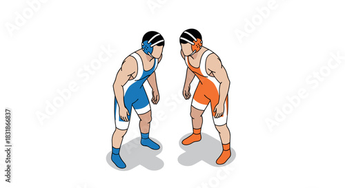 Competitive wrestling showdown in isometric style featuring two athletes