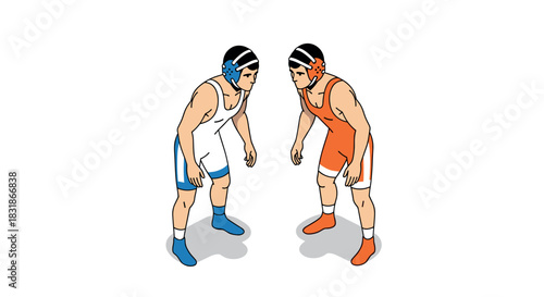 Intense wrestling match between two competitors in dynamic cartoon style on white background