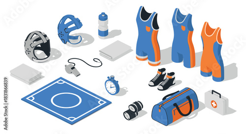 Wrestling gear and equipment isometric set with uniforms and accessories
