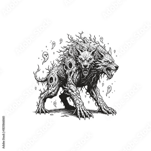 surreal Terrifying two-headed werewolf monster illustration in a gothic, horror, and dark fantasy style