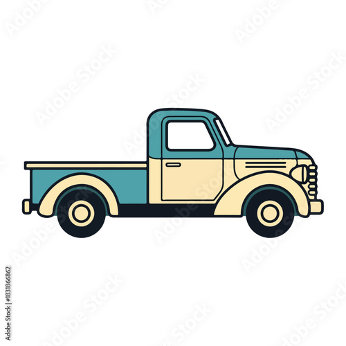 Vintage Pickup Truck Illustration Retro Style, Teal Cream Colors