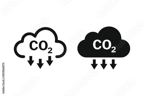 Cloud co2 reduction vector icons. Reduce co2 gas icon set. Zero carbon emission. Carbon reduction cloud sign. CO2 icons.