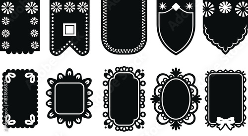 Cinco de Mayo Papel Picado Collection with Floral Paper-Cut Banner Designs Featuring Decorative Cutout Patterns and Empty Space for Festive Celebration