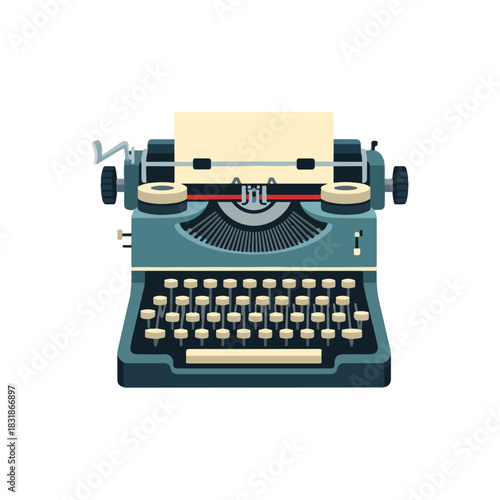 Vintage Typewriter with Paper, Retro Design, Flat Style