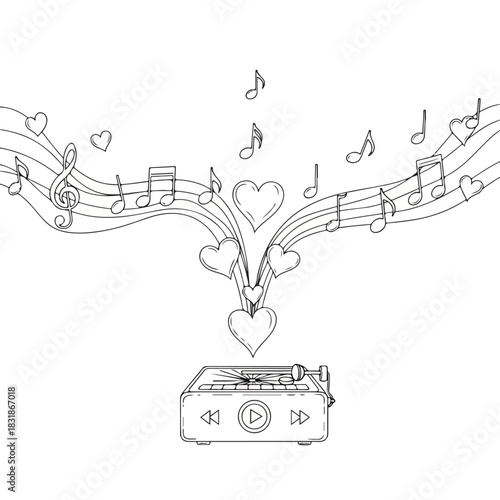 A romantic doodle line art illustration of a cassette player with musical notes and hearts floating out of it in a playful, whimsical composition against a clean white background.