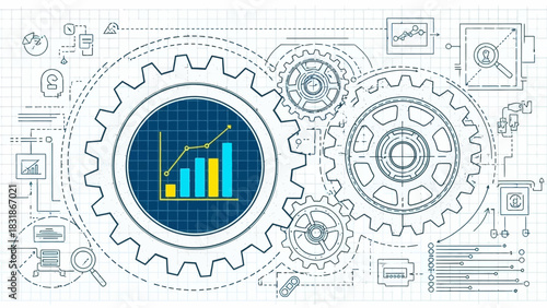 Blueprint style illustration of gears and a bar graph showing growth. Concept for strategic planning, business strategy and financial management