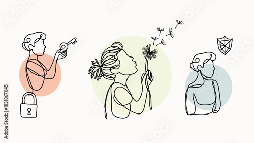 Abstract line art of a woman making a wish on a dandelion with a key and lock and a shield symbol