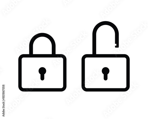 Lock icon collection. Locked and unlocked black icon set. Lock open and lock closed icons. Padlock symbol.