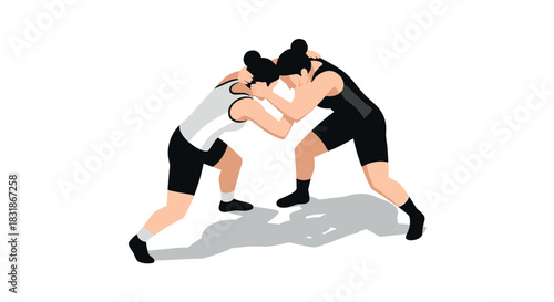 Wrestling match in flat style with two women athletes competing