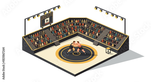 Isometric wrestling arena scene with spectators and lighting