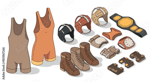 Wrestling gear essentials: singlets, headgear, gear, belt, and boots in isometric style