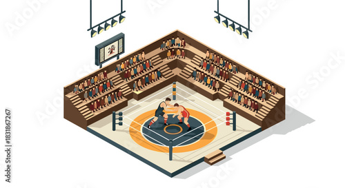 Isometric wrestling arena with spectators in a dynamic match setting