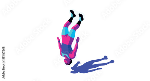 Colorful abstract silhouette of falling man with shadow in vibrant gradient style