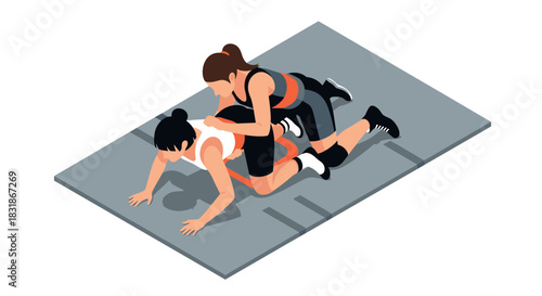 Women wrestling on mat in isometric style